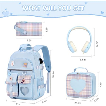ACESAK Backpack for Girls with Headphones - Girls Backpack with Lunch Box, Pencil Case & Kids Headset - 3.5mm Wired Headphones for School Bookbag Schoolbag Set Back To School Gift (Blue) - color: Blue