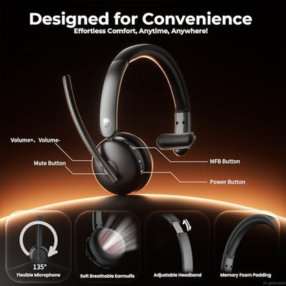 Dytole Wireless Headset with Mic for Work, Bluetooth Headset with Mic, AI Noise Cancelling, 65H Battery & Mute Function, Single-Ear Wireless Headset & USB Dongle, Fit for PC/Laptop/Teams/Call Center