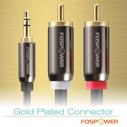 FosPower 3.5mm to RCA Cable (10FT), RCA Audio Cable 24K Gold Plated Male to Male Stereo Aux Cord [Left/Right] Y Splitter Adapter Step Down Design | 3.5mm 1/8 to 2RCA male audio cable with 24K gold-plated connectors for HiFi sound on phone, HDTV, speakers
