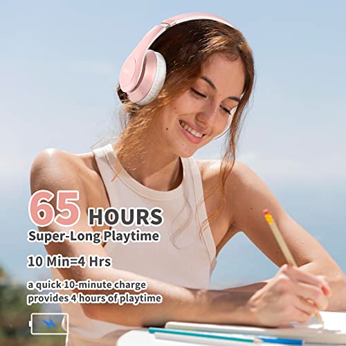 Uliptz Bluetooth Headphones Over Ear, Wireless HiFi Stereo Foldable Headset | 65H Playtime, Bluetooth 6.0, 6 EQ Modes, Built-in Mic, Deep Bass Stereo, Lightweight Design for Home, Office, Travel & PC - color: Rose Gold