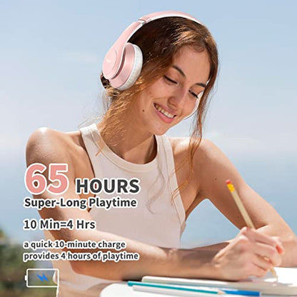 Uliptz Bluetooth Headphones Over Ear, Wireless HiFi Stereo Foldable Headset | 65H Playtime, Bluetooth 6.0, 6 EQ Modes, Built-in Mic, Deep Bass Stereo, Lightweight Design for Home, Office, Travel & PC - color: Rose Gold