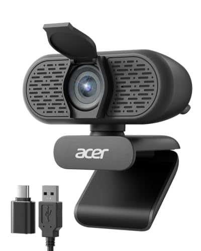 Acer 1080p Webcam USB Plug and Play Webcam for PC with Noise Cancellation Microphones Computer Camera for Desktop Streaming Gaming Online Meeting Wide Angle Privacy Cover A-to-C Adapter Easy Setup - color: Black
