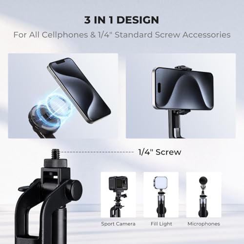 K&F CONCEPT 72" Selfie Stick for iPhone, Phone Tripod | Clip & Magnetic, Remote, 1s Open & Close, Compatible with iPhone 17-12 Osmo Pocket 4/3 Luna Ultra, X97C6 - color: Black