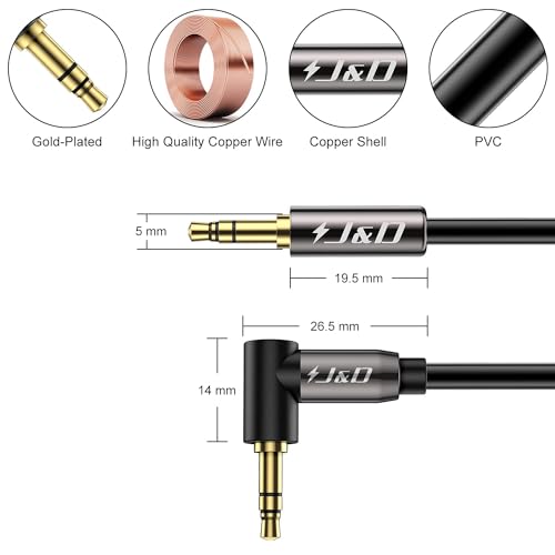 J&D 3.5mm Stereo Audio Aux Jack to Jack Gold Plated Cable 90 Degree Right Angle Compatible for iPhone, Galaxy, Speakers or All Other Devices, 12 Feet - size: 12 Feet