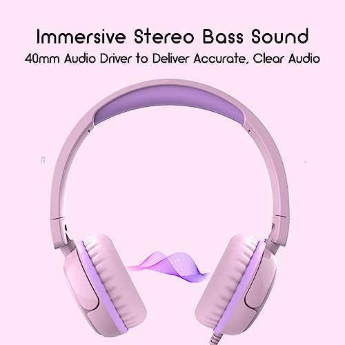 IMYB Kids Headphones, V1 Wired Stereo Foldable Tangle-Free 3.5mm Adjustable On-Ear Headphones for Kids for School/Toddlers/Childrens/Teens/Boys/Girls/Ipad/Tablet/Kindle/Phones/Travel/Plane (Pink) - color: Pink