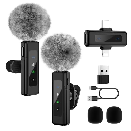 Wireless Mini Microphone for iPhone, Android - 2 Pack Lavalier Microphone for Video Recording,Clip-on Mics Content Creator Microphones for YouTube Tiktok Podcast Vlogging