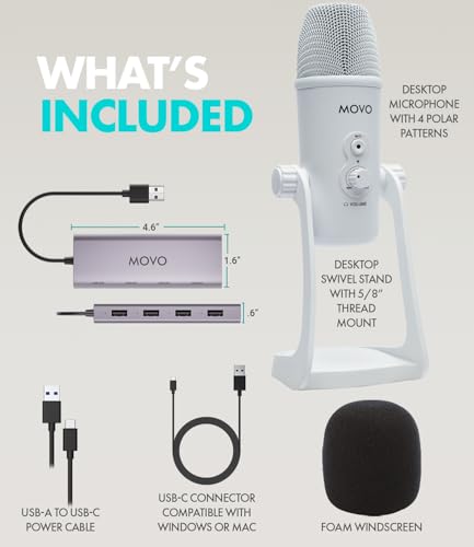Movo USB Podcast Equipment Bundle for 4 – USB Interface with 4 UM700 Condenser Microphones – 4-Port Powered Hub for Streaming, Podcasting, Interviews (White)