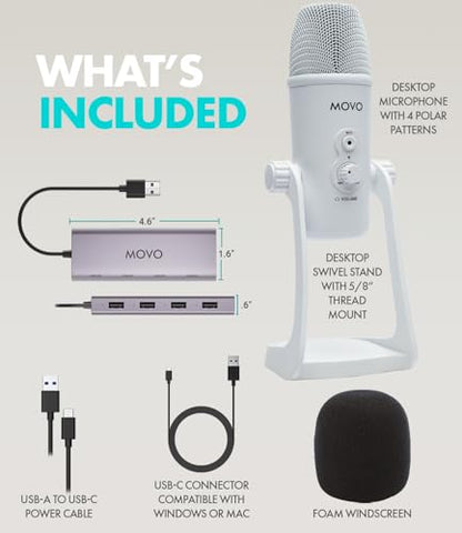Movo USB Podcast Equipment Bundle for 4 – USB Interface with 4 UM700 Condenser Microphones – 4-Port Powered Hub for Streaming, Podcasting, Interviews (White)