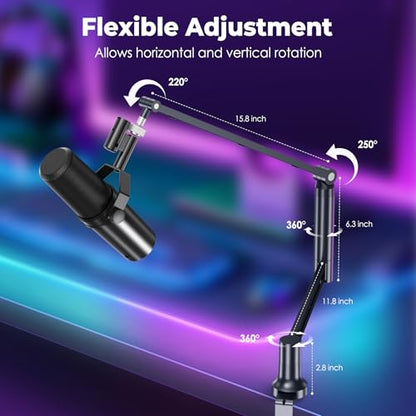CreaDream Mic Boom Arm, Low Profile Microphone Arm Stand Desk Mount with Screw Adapter, Phone Holder, Detachable Rise Column, Cable Management, for Live Streaming, Gaming, Podcasting, Radio