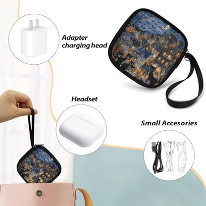 Portable Small Square Storage Pouch for Earbuds in-Ear Headphones Earphones Hearing Aids USB Charging Cable Headset Carrying Case(Halloween Cat Bat) - color: Halloween Cat and Bat