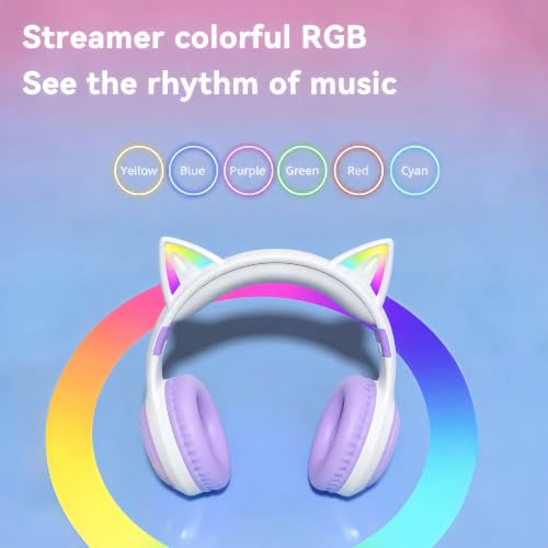 Cat-Ear Wireless Headphones Bluetooth 5.3 Over the Ear Headphones with RGB Light Built-in Mic Foldable Fashionable Stereo Headset Support TF Card for Gaming Travel PC Phone iPad（Dreamy Purple） - color: Dreamy Purple