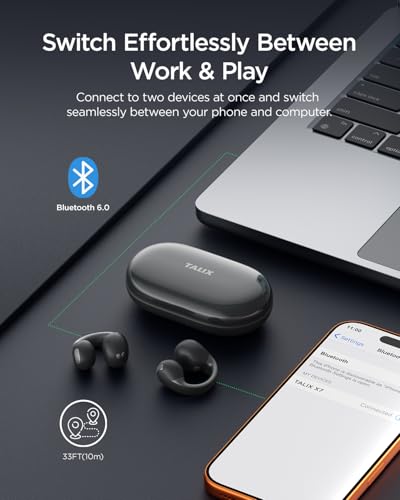 TALIX Open Ear Clip-On Wireless Bluetooth 6.0 Earbuds X7, Black | Ultra-Light 4.8g, LED Battery Display, Clear Sound, Bluetooth 6.0, Dual-Device Switching, IPX4 Sweatproof, Touch Control - color: Black