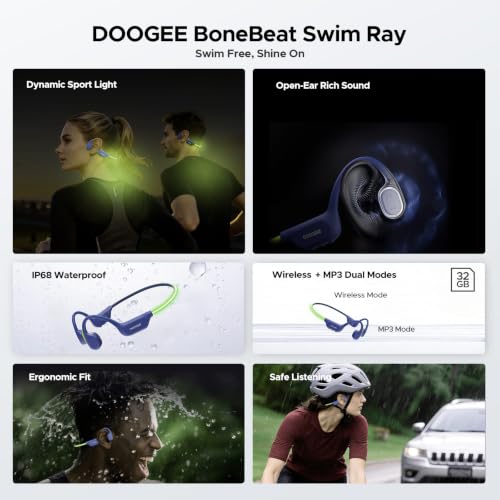Bone Conduction Headphones Bluetooth 6.0, LED Light, Open Ear Headphones IPX8 Waterproof, 32GB Built-in Memory, with Mic, 10-Hour Battery Life for Cycling, Swimming and Fitness (Blue) - color: Blue