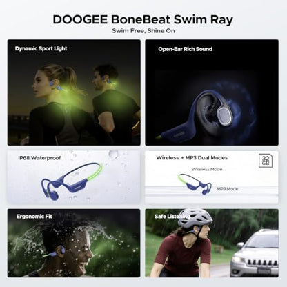 Bone Conduction Headphones Bluetooth 6.0, LED Light, Open Ear Headphones IPX8 Waterproof, 32GB Built-in Memory, with Mic, 10-Hour Battery Life for Cycling, Swimming and Fitness (Blue) - color: Blue