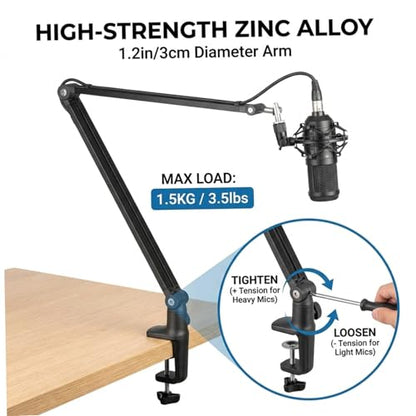 Professional Mic Arm Desk Mount Heavy Duty All Metal Microphone Boom Arm with Hidden Cable Management 360° Adjustable Mic Stand ideal for Studio Recording Streaming