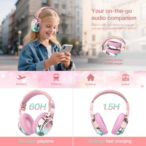 QearFun Kids Bluetooth Headphones, 60H Playtime, 74/85/94dB Safe Volume Limit, Metallic Gradient Wireless Headset with HD Mic, Fast Charging, Foldable, Wired 3.5mm Mode for School/Tablet/Travels | For school, tablet, travel, kids wireless headphones featu
