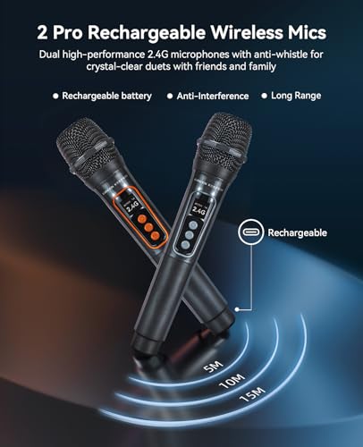 GKD40 Portable Karaoke Machine for Kids & Adults, Bluetooth Speaker with PA System, 2 Wireless Rechargeable Microphones, LED Party Speaker with 4' Woofers & LED Light for Home, Outdoor Party & Singing