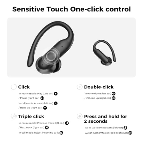 MS219 Ear-Hook in-Ear Bluetooth 6.0 Earbuds, IPX5 Waterproof Wireless Headphones with HD Calling, HiFi Sound for Workout Gym Running All-Day Wear (Black) - color: Black