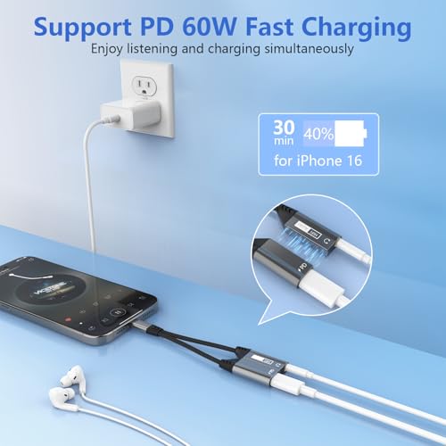 Magnetic 2-in-1 USB C to 3.5mm Audio Jack Headphone and Charge Cable Adapter for Type C Devices,PD 60W Fast Charge Earphone Converter Splitter for iPhone 15 16/Samsung/Huawei/iPad Pro Air