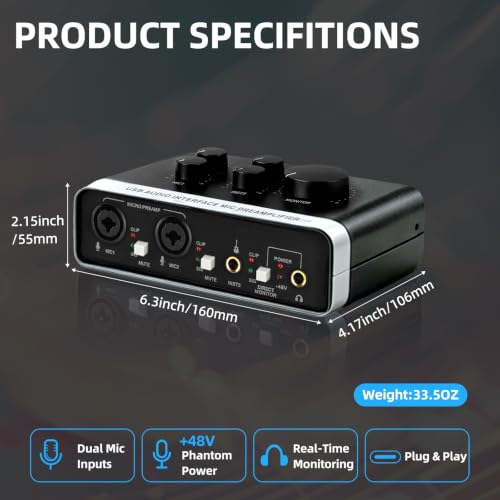 USB Audio Interface, 48V Phantom Power & XLR/TRS Combo Input, Computer Recording with Direct Monitor & Echo Knob, 16bit/48kHz, Plug & Play USB C for PC/Mac/iOS, for Guitar, Vocal, Karaoke – RXSKERTL