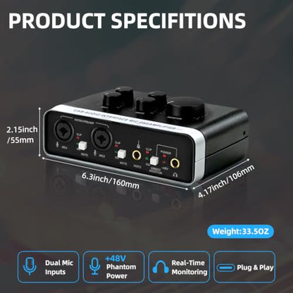 USB Audio Interface, 48V Phantom Power & XLR/TRS Combo Input, Computer Recording with Direct Monitor & Echo Knob, 16bit/48kHz, Plug & Play USB C for PC/Mac/iOS, for Guitar, Vocal, Karaoke – RXSKERTL