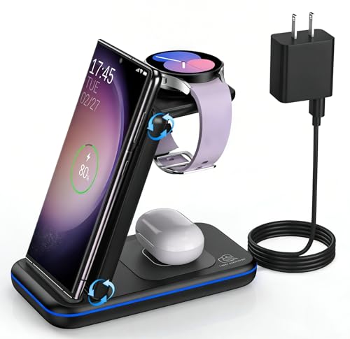 Wireless Charging Station for Samsung/Android, Fast Wireless Watch Charger Station Compatible for Samsung Galaxy S26 Ultra/S25/S24+/Z Flip 7/6 Fold 7/6, Watch8/7/Pro/Active 2 Galaxy Buds3/2 Pro(Black) - color: Black