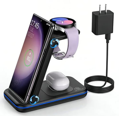 Wireless Charging Station for Samsung/Android, Fast Wireless Watch Charger Station Compatible for Samsung Galaxy S26 Ultra/S25/S24+/Z Flip 7/6 Fold 7/6, Watch8/7/Pro/Active 2 Galaxy Buds3/2 Pro(Black) - color: Black