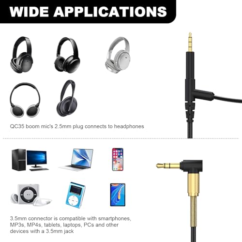 QC45 Boom Mic for Bose QuietComfort QC25 QC35 QC35II QC45 NC700 Headphone | 3.5mm to 2.5mm Audio Cable, Mute Switch, Volume Control, Boom Microphone, L-Shaped Plug, Nylon Braided Cord, 6ft