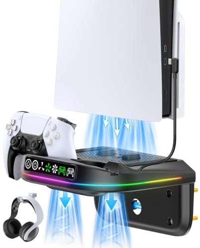 P S5 Wall Mount Kit with Cooling Fan and Charging Station Compatible with PS5/Slim/Pro Disc and Digital, PS Five Floating Shelf with 9 RGB Lights, PS5 Mount Behind TV, P5 Accessories for Gaming, Black - color: Black