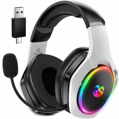 Tatybo Wireless Gaming Headset for PS5, Dual Mode, Low Latency, Black White | 7.1 Surround Sound, Bluetooth+2.4GHz Dual Mode, Noise-Canceling Mic for FPS Battle Royale, 40Hrs for Switch, Mobile, Laptop - color: Black White