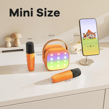 YLL Mini Karaoke Machine for Kids Adults, Portable Bluetooth Speaker with 2 Wireless Microphones, Birthday Gifts Toys for Girls Boys Ages 3, 4, 5, 6, 7, 8, 9,10,11,12+ Years Old Toddler (Orange) | Portable Bluetooth Mini Speaker with 2 Wireless Microphone