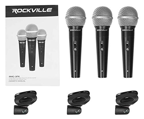 Rockville RMC-3PK Dynamic Microphones 3 Pack, Uni-Directional, Metal Build, XLR, Clear Sound, Low Background Noise, Durable Case, for Vocals, Instruments, DJs | Aluminum Carry Case, Dynamic, Neodymium, Uni-Directional, XLR, Mic Clips Included, Stand Mount