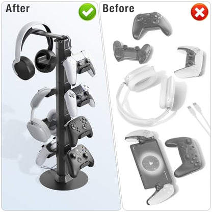 Gaming Controller & Headset Holder Stand for Desk, with Charger Cable Organizer Headphone Stand for PS5/ Xbox/ PS4/ Switch, Metal Base Controller Hook for Storage with 360° Rotatable Hanger- 6 Tiers - size: 6 Tiers
