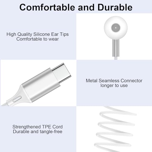 Wired Earbuds USB C Headphones for iPhone 17e 17 Pro Max Air 16e 16 Plus 16 Pro Max 15,Wired in-Ear Earphones USBC iPhone 17 Ear Buds with in-Line Microphone Call Control for Samsung S26 Ultra S25 FE - color: White