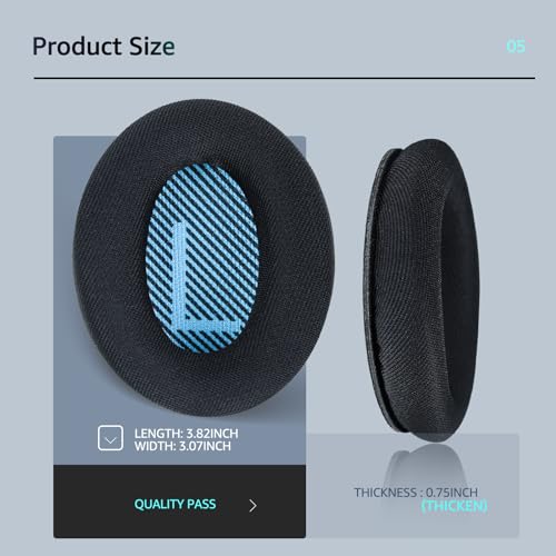 Fabric Comfort Replacement Ear Pads for Bose QuietComfort 35 / QC35 II – Fits QC45 QC25 QC2 QC15 AE2 AE2i AE2w SoundLink & SoundTrue (S1 Style) - color: MR Dark Black & Blue