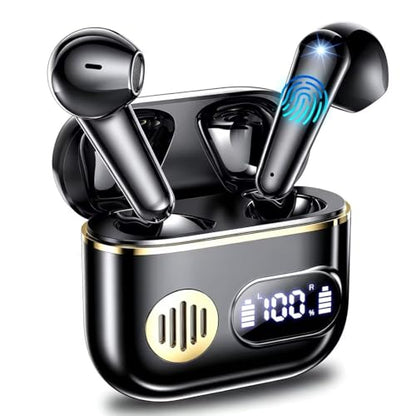 CoolJumper Wireless Earbuds, 48 Playtime Headphones with Micphone, LED Display in Ear Earphones Clear Calls IPX7 Waterproof Running Earpiece Midnight Black