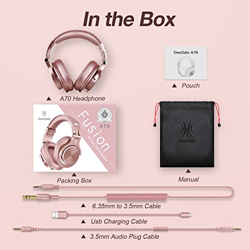 OneOdio A70 Bluetooth Over-Ear Headphones, Hi-Res Wired DJ Studio - RG | Wireless over-ear headphones with 72H playtime, 3.5mm/6.35mm wired jacks for studio monitoring, mixing, guitar, amp and PC - color: Rose Gold