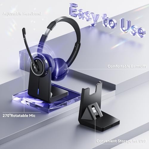 Wireless Headset with Mic for Work, Bluetooth Headset with Noise Canceling Mic & Charging Base, Wireless Headphones with Mic for Remote Workers/Call Center/PC/Laptop/Computer/Home/Office/Zoom/Teams