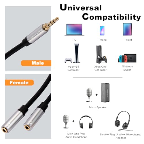 Headphone Splitter 2-Pack, 3.5mm Headphone Mic Splitter for Headset with Separate Audio Microphone Jacks, Compatible for Xbox, PS4, Phone, Laptop, PC (Not for 2 Headphones)