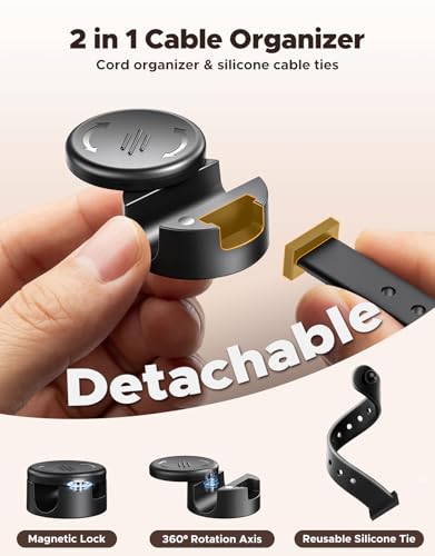 8 Pack Cord Organizer Clips with Silicone Cable Ties [2 in 1], Magnetic Cable Organizer [Smooth Adjustable & 1s Lock], Strong Adhesive Cord Holder Wire Organizer Keeper for Nightstand Desk