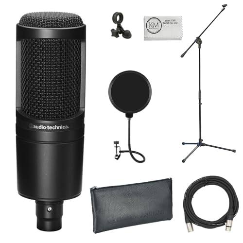 Audio-Technica AT2020 Cardioid Condenser Microphone Bundle with Pop Filter + XLR Cable + Microphone Stand + Microfiber Cleaning Cloth (5 Items) - style: Boom Mic Stand