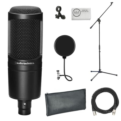 Audio-Technica AT2020 Cardioid Condenser Microphone Bundle with Pop Filter + XLR Cable + Microphone Stand + Microfiber Cleaning Cloth (5 Items) - style: Boom Mic Stand