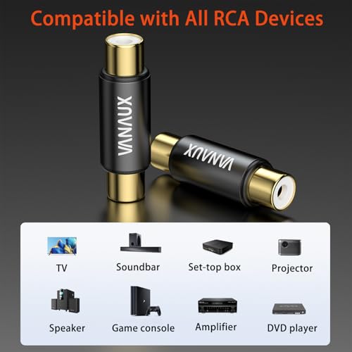 VANAUX 2-Pack Gold RCA Female to Female Coupler,Barrel Connectors Adapters Extend Subwoofer RCA Cables Gold Plated for HDTV,Speakers, Amplifiers, Car Audio-Black - size: 2PCS-black, style: RCA Female to RCA Female