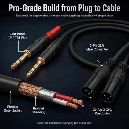Sam&Johnny 1/4 TRS to XLR Male Cable 2-Pack, Balanced, 2ft | 20AWG Gold-Plated OFC Connectors | For Studio Monitor, Microphone, Karaoke, Amplifier, Guitar | Noise-Free Balanced Signal