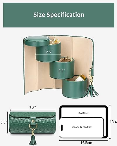 VLANDO Travel Jewelry Organizer, 3 Tier Roll Up Design, Hard Shell Storage | Stepped Sections Compartments Keep Jewelry Visible, Soft Lining Protect Pieces, Snap Closure, Travel Gift for Women Girl - color: Green