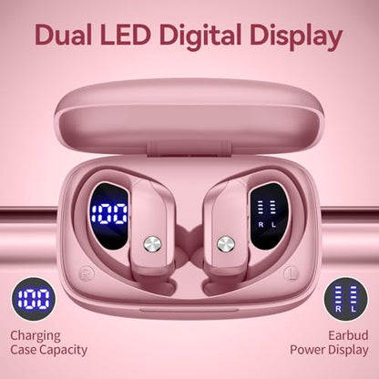 bmani Ear Buds Wireless Earbuds Bluetooth Headphones with 80H Playtime LED Display Case, Over-Ear Hook with Mic, Stereo Sound, Easy Button Controls, Sports Earphones for Running Workout Gym Pink - color: Pink, style: Standard