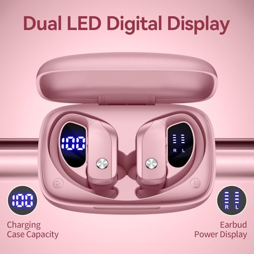 bmani Ear Buds Wireless Earbuds Bluetooth Headphones with 80H Playtime LED Display Case, Over-Ear Hook with Mic, Stereo Sound, Easy Button Controls, Sports Earphones for Running Workout Gym Pink - color: Pink, style: Standard