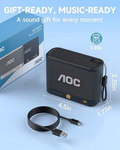 AOC Portable Bluetooth Speaker, Shower Speaker, BT 5.4 with Wireless Stereo Pairing, BassUp, IP65 Waterproof, Dustproof, 30-Hour Playtime, Compact Small for Home, Outdoors, Travel, Black