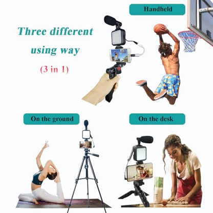 Vlogging Kit for iPhone, Vlogging kit for Android Phone,YouTube Starter Kit with Two Tripods Light Microphone Remote and Jack Adapter - size: M with Shotgun Mic