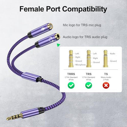 Headphone Splitter Cable 3.5mm Male to 3.5mm Female Audio Jack Adapter | Headphone&3.5mm Microphone Stereo Y Splitters Adapter HiFi Sound Aux Extension Cable for Earphone Phone PS5 PS4 Switch Tablet - color: purple
